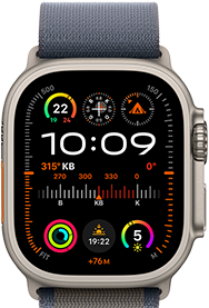 Mavi Alpine Loop ile eşleştirilmiş Apple Watch Ultra 2 ve kadranında GPS, sıcaklık, pusula, yükseklik ve fitness ölçümleri gibi komplikasyonlar gösteriliyor.