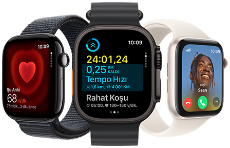Üç ayrı Apple Watch aygıtında kalp atış hızı takibi, antrenman ölçümleri ve bir gelen arama gösteriliyor