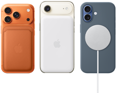 iPhone 17 Pro, arkadan dış görünüm, Kozmik Turuncu renk, Sienna renk Silikon Kılıf ve MagSafe özellikli Tilki Turuncusu renk Mikro Dokuma Cüzdan; iPhone Air, arkadan dış görünüm, Pamuk Beyazı renk, MagSafe Pil ile; iPhone 17, arkadan dış görünüm, Sis Mavisi renk, Demir Mavisi renk Silikon Kılıf ve MagSafe Şarj Aygıtı