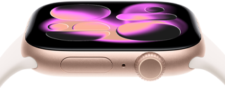 Apple Watch Series 11, alüminyum roze altın rengi kasa, Akış saat kadranı, sağ dış görünüm: Digital Crown, mikrofon, yan düğme, bulut pembesi renkte Spor Kordon