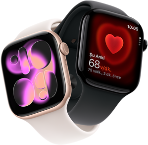 Apple Watch Series 11, alüminyum roze altın renk, Akış saat kadranı, sağ dış görünüm: Digital Crown, mikrofon, yan düğme, bulut pembesi renkte Spor Kordon, Apple Watch Series 11, alüminyum simsiyah, Kalp Atış Hızı uygulaması, şu an dakikadaki vuruş sayısı, sağ dış görünüm: Digital Crown, siyah renkte Spor Kordon