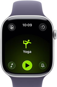 Apple Watch Series 11, alüminyum gümüş rengi kasa, Yoga Antrenmanı açık, sağ dış görünüm: Digital Crown, sis moru renkte Spor Kordon