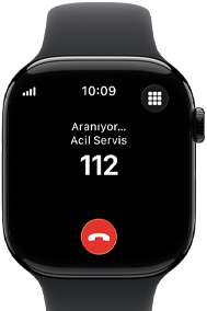 Apple Watch Series 11, alüminyum simsiyah kasa, ekranda 911’e yapılan acil arama, sağ dış görünüm: Digital Crown, siyah renkte Spor Kordon