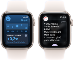 Yıldız Işığı renkte alüminyum kasaya sahip iki adet Apple Watch SE 3, ekranlarında Yaşam Bulguları uygulaması gösteriliyor