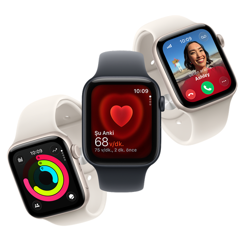 Yan yana dizilmiş üç Apple Watch SE 3 hareket ediyor