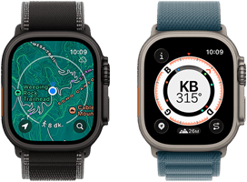 İki adet Apple Watch Ultra 3 aygıtı, birinde haritalar, diğerinde pusula, yükseklik ve işaretli ara noktalar dahil olmak üzere Geriye Dönüş özellikleri görülüyor