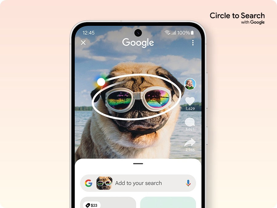 Circle to Search with Google logo. A Galaxy S24 FE screen shows a bulldog wearing sunglasses, with a circle gesture being drawn around the sunglasses for a Google search. Below the photo, search results for the same sunglasses are shown. A Google search bar is seen underneath.