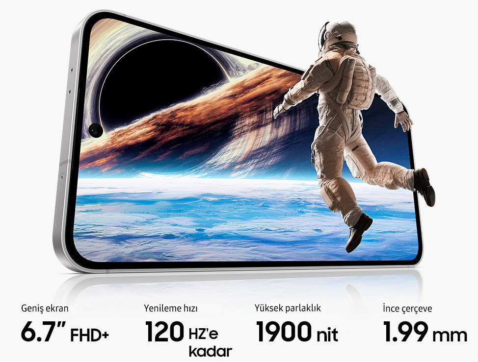 A slightly rotated Galaxy S24 FE is seen from the front. The screen displays an astronaut floating in space with a planet and colorful nebula in the background. Text reads Large screen 6.7 inch FHD+, Refresh rate up to 120 Hz, Peak brightness 1900 nits, Slim bezel 1.99 mm.