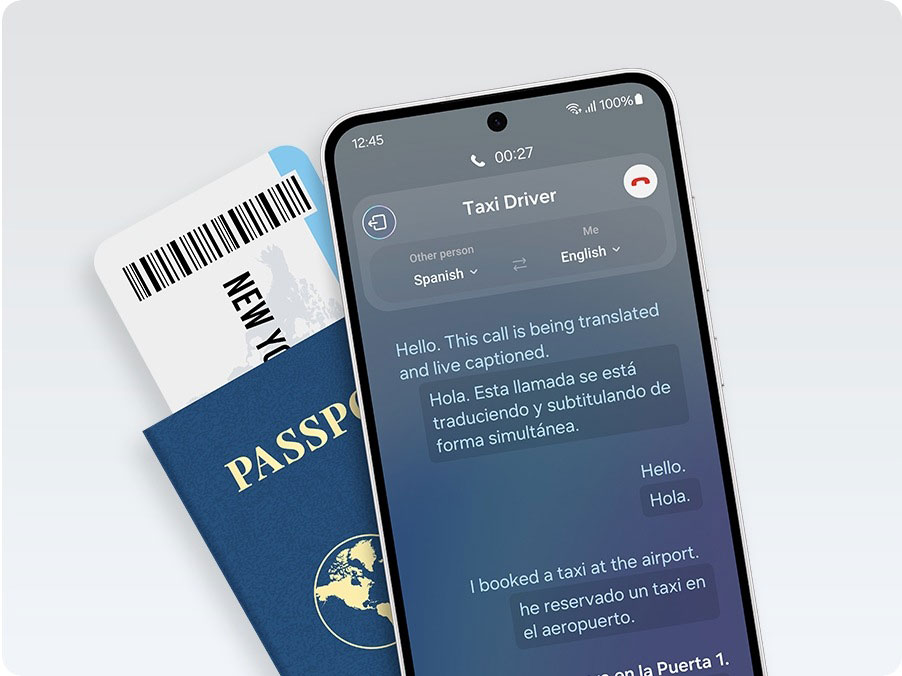 A phone call is translated in real time. The dialogue is shown on screen as a text conversation in two different languages. Next to the phone, there is a blue passport and a boarding pass labeled 'New York'.