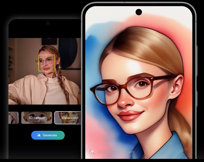 A photograph of a woman with glasses is applied with the Portrait Studio feature for Photo Assist. AI effects are applied to the portrait, with vibrant colors. Text reads AI-generated content.