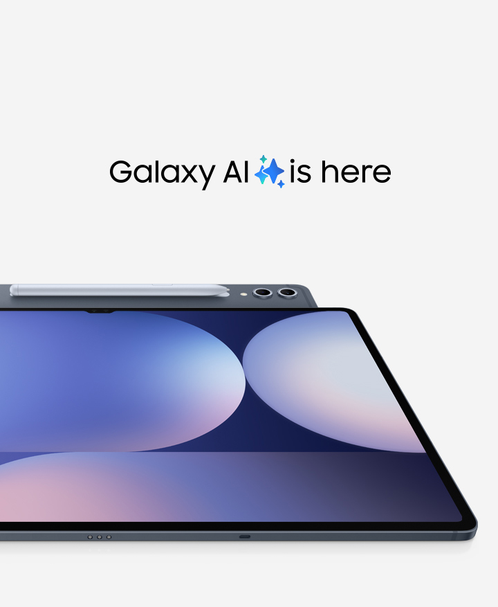 A Galaxy Tab S10 Series device angled to show its rear camera and S Pen, is placed under another Tab S10 device facing up with a colorful wallpaper on display. Text reads Galaxy Tab S10 Series. Galaxy AI is here.