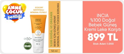 INCIA %100 Doğal Bebek Güneş Kremi Leke Karşıtı Mineral Filtreli Yüksek Koruma SPF50 UVA UVB 50 ml