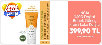INCIA %100 Doğal Bebek Güneş Kremi Leke Karşıtı Mineral Filtreli Yüksek Koruma SPF50 UVA UVB 50 ml