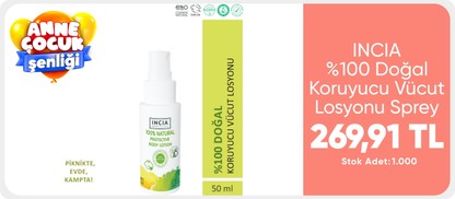 INCIA %100 Doğal Koruyucu Vücut Losyonu Sprey Yenidoğan Bebek Çocuk Için Limon Okaliptus Vegan 50 ml