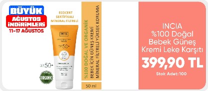 INCIA %100 Doğal Bebek Güneş Kremi Leke Karşıtı Mineral Filtreli Yüksek Koruma SPF50 UVA UVB 50 ml