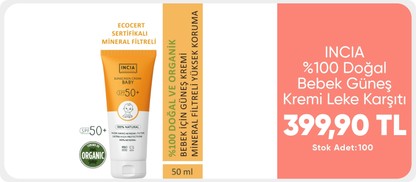 INCIA %100 Doğal Bebek Güneş Kremi Leke Karşıtı Mineral Filtreli Yüksek Koruma SPF50 UVA UVB 50 ml 399,90 TL