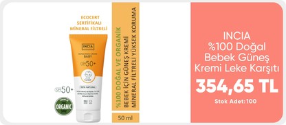 INCIA %100 Doğal Bebek Güneş Kremi Leke Karşıtı Mineral Filtreli Yüksek Koruma SPF50 UVA UVB 50 ml        379.90TL