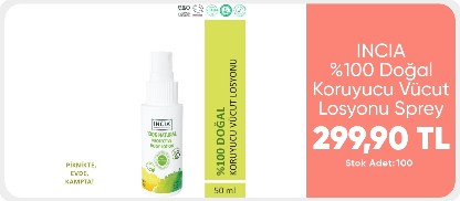 INCIA %100 Doğal Koruyucu Vücut Losyonu Sprey Yenidoğan Bebek Çocuk Için Limon Okaliptus Vegan 50 ml 299 TL