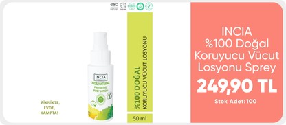 INCIA %100 Doğal Koruyucu Vücut Losyonu Sprey Yenidoğan Bebek Çocuk Için Limon Okaliptus Vegan 50 ml        249.90TL