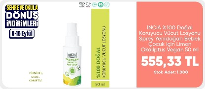 INCIA %100 Doğal Koruyucu Vücut Losyonu Sprey Yenidoğan Bebek Çocuk Için Limon Okaliptus Vegan 50 ml