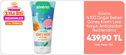 Siveno %100 Doğal Bebek Güneş Kremi Leke Karşıtı Antioksidan Nemlendirici Bitkisel Vegan UVA UVB SPF50