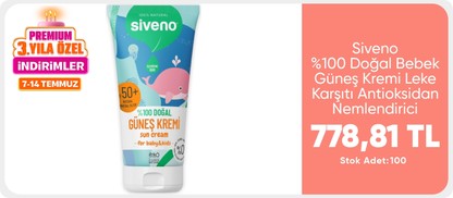 Siveno %100 Doğal Bebek Güneş Kremi Leke Karşıtı Antioksidan Nemlendirici Bitkisel Vegan UVA UVB SPF50
