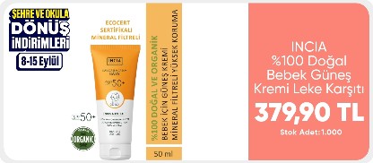 INCIA %100 Doğal Bebek Güneş Kremi Leke Karşıtı Mineral Filtreli Yüksek Koruma SPF50 UVA UVB 50 ml
