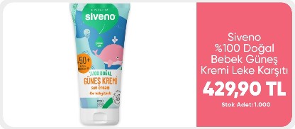 Siveno %100 Doğal Bebek Güneş Kremi Leke Karşıtı Antioksidan Nemlendirici Bitkisel Vegan UVA UVB SPF50