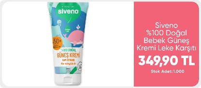 Siveno %100 Doğal Bebek Güneş Kremi Leke Karşıtı Antioksidan Nemlendirici Bitkisel Vegan UVA UVB SPF50        349.90TL