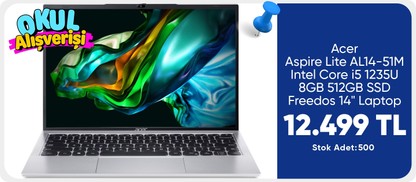 Acer Aspire Lite AL14-51M Intel Core i5 1235U 8GB 512GB SSD Freedos 14" Taşınabilir Bilgisayar NX.KTWEY.001