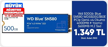 Wd 500Gb Blue SN580 WDS500G3B0E PCIe Gen4 x4 Okuma 4000MB # Yazma 3600MB M.2 Ssd