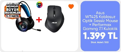 Asus WT425 Kablosuz Optik Sessiz Mouse + Performax Gamıng 7.1 Kulaklık