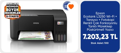 Epson Ecotank L3250 Wi-Fi + Tarayıcı + Fotokopi Renkli Çok Fonksiyonlu Tanklı Mürekkep Püskürtmeli Yazıcı 