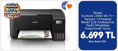 Epson Ecotank L3250 Wi-Fi + Tarayıcı + Fotokopi Renkli Çok Fonksiyonlu Tanklı Mürekkep Püskürtmeli Yazıcı 