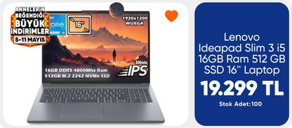 Lenovo Ideapad Slim 3 i5 16GB Ram 512 GB SSD 16'' Laptop
