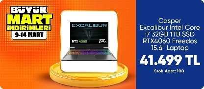 Casper Excalibur G870.1270-DFB0X-B Intel Core i7 12700H 32GB 1TB SSD RTX4060 Freedos 15.6" Taşınabilir Bilgisayar