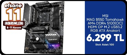 MSI MAG B550 Tomahawk AM4 DDR4 5100(OC) HDMI DP M.2 USB3.2 RGB ATX Anakart