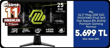 Msı 24.5" Mag 255F E20 1920X1080 (Fhd) 16:9 Flat Rapıd IPS 200HZ 0.5ms (Gtg) Freesync Premıum Gamıng Monıtor