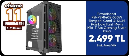 Powerboost PB-PS7840B 600W Temperli Camlı 4*12CM Rainbow Fanlı Mesh Mid-T Atx Gaming Siyah Kasa