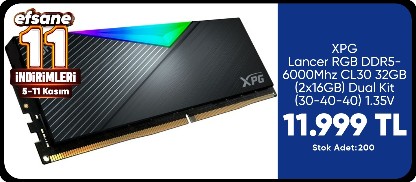 XPG Lancer Siyah RGB DDR5-6000Mhz CL30 32GB (2x16GB) Dual Kit (30-40-40) 1.35V