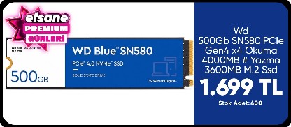Wd 500Gb SN580 PCIe Gen4 x4 Okuma 4000MB # Yazma 3600MB M.2 Ssd