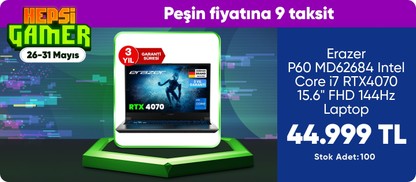 Erazer Deputy P60 MD62684 Intel Core i7 12650H 16GB 1TB SSD RTX4070 15.6" FHD 144Hz Taşınabilir Bilgisayar