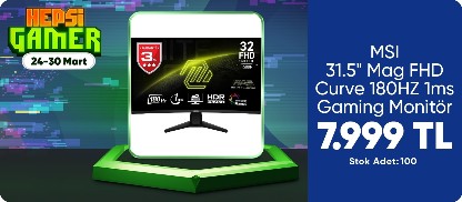 MSI 31.5" Mag FHD Curve 180HZ 1ms Gaming Monitör