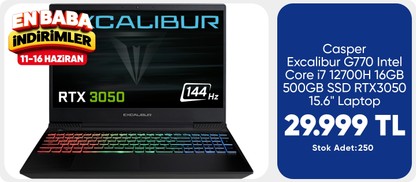 Casper Excalibur G770 Intel Core i7 12700H 16GB 500GB SSD RTX3050 15.6" Laptop