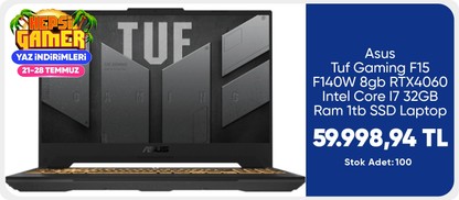 Asus Tuf Gaming F15 F140W 8gb RTX4060 Intel Core I7 32GB Ram 1tb SSD Laptop