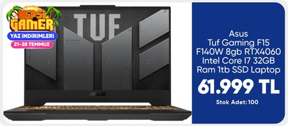 Asus Tuf Gaming F15 F140W 8gb RTX4060 Intel Core I7 32GB Ram 1tb SSD Laptop