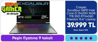 Casper Excalibur G870 Intel Core i5 13420H 16GB 1TB SSD RTX4060 Freedos 15.6" Laptop