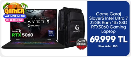 Game Garaj Slayer5  Intel Ultra 7 32GB Ram 1tb SSD RTX5060 Gaming Laptop