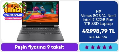 HP Victus 8GB  14. Nesil Intel I7 32GB Ram 1TB SSD Laptop