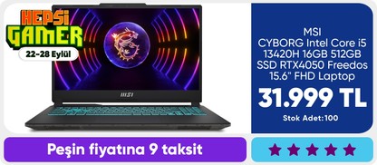 MSI CYBORG 15 A13VE-1252XTR Intel Core i5 13420H 16GB 512GB SSD RTX4050 Freedos 15.6" FHD Laptop